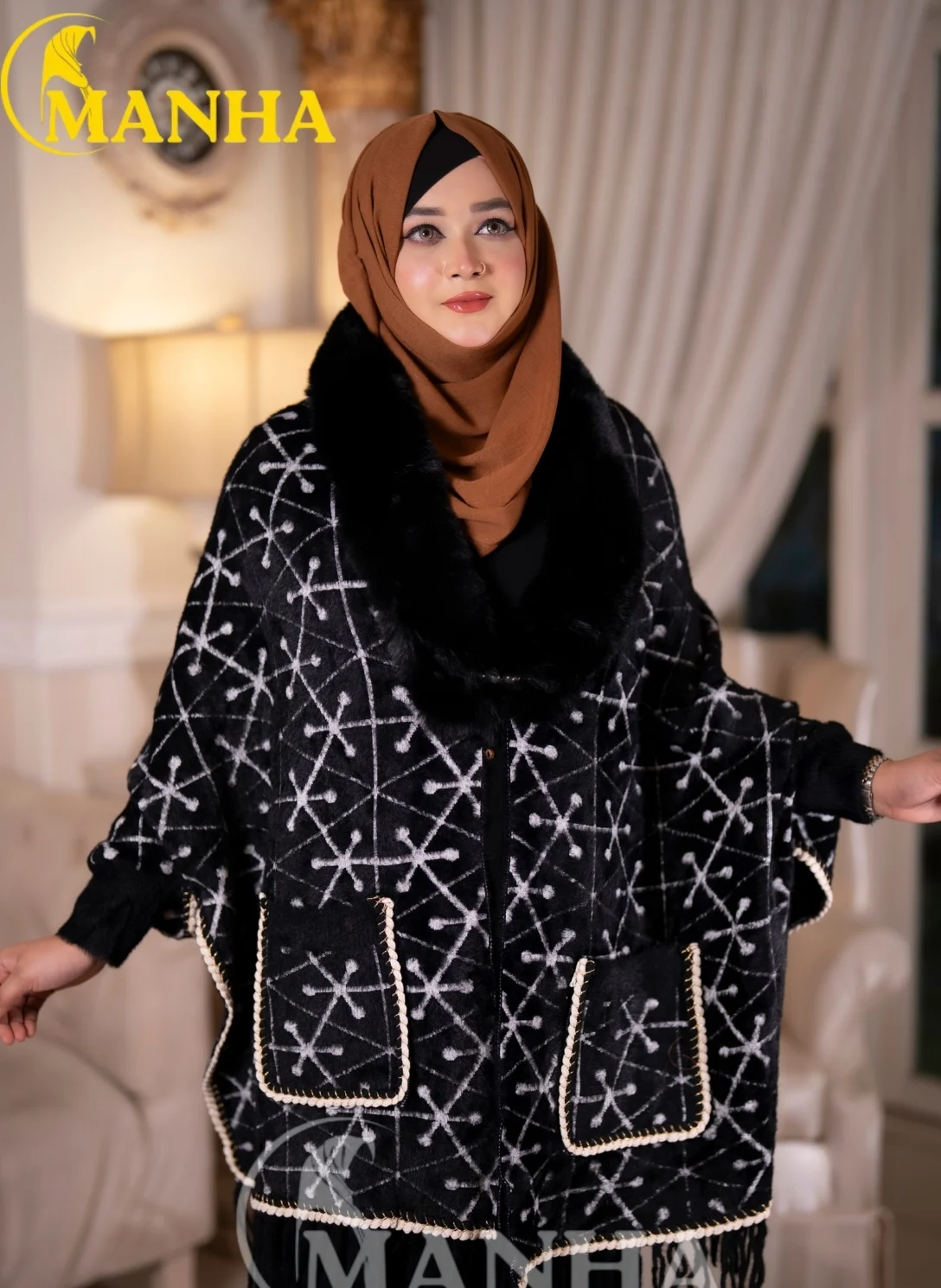 Black Patterned Poncho Shal
