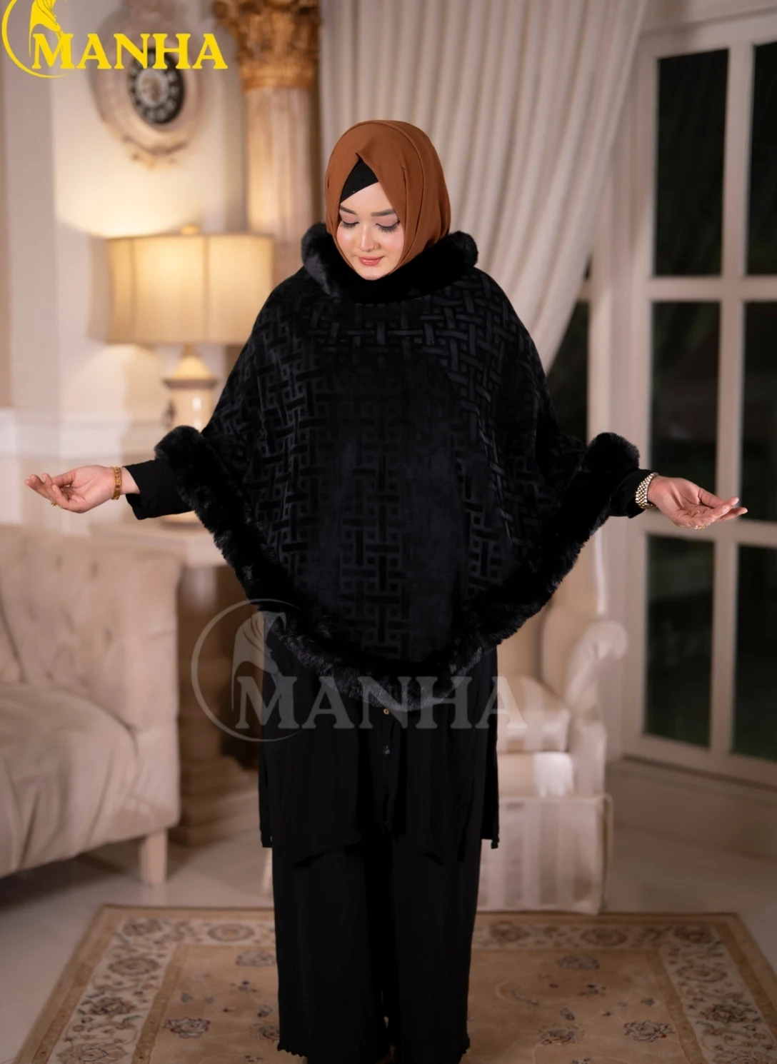 Jet Black Velvet Fur Poncho Shal