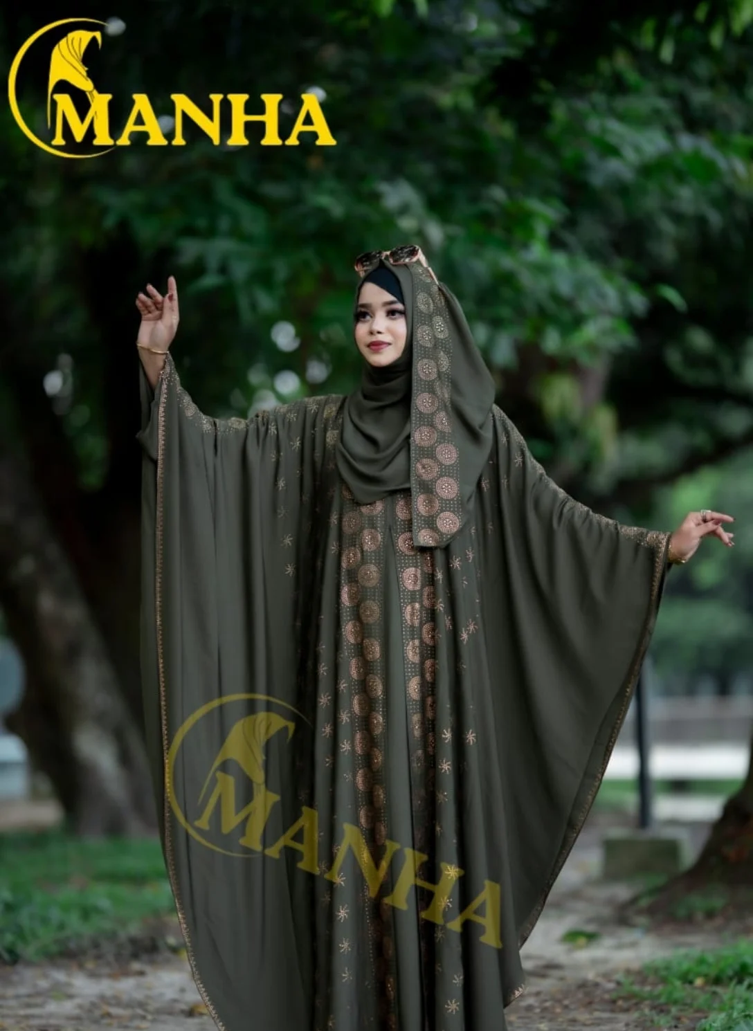 Olive Dark Attached Koti Abaya