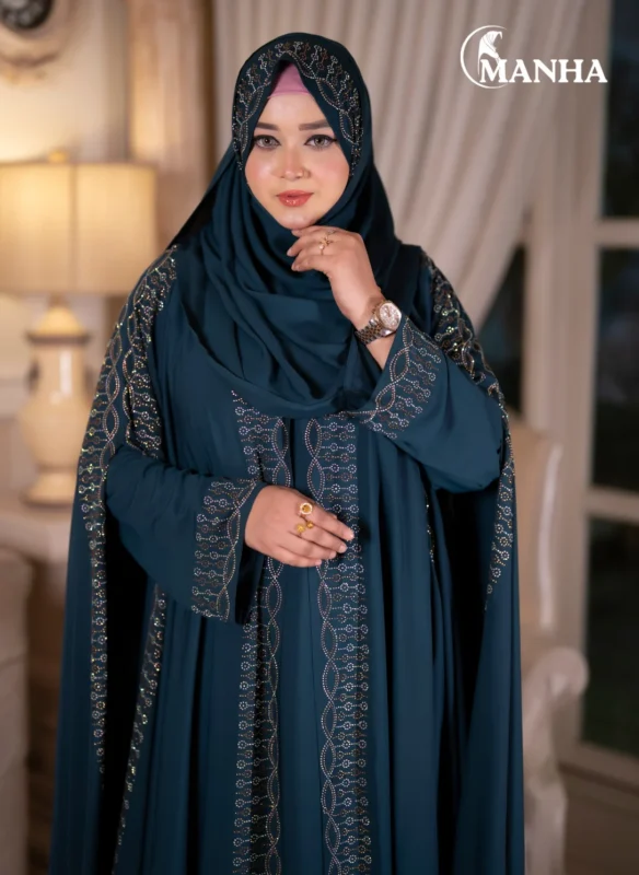 Deep Teal Blue Shehjadi Abaya